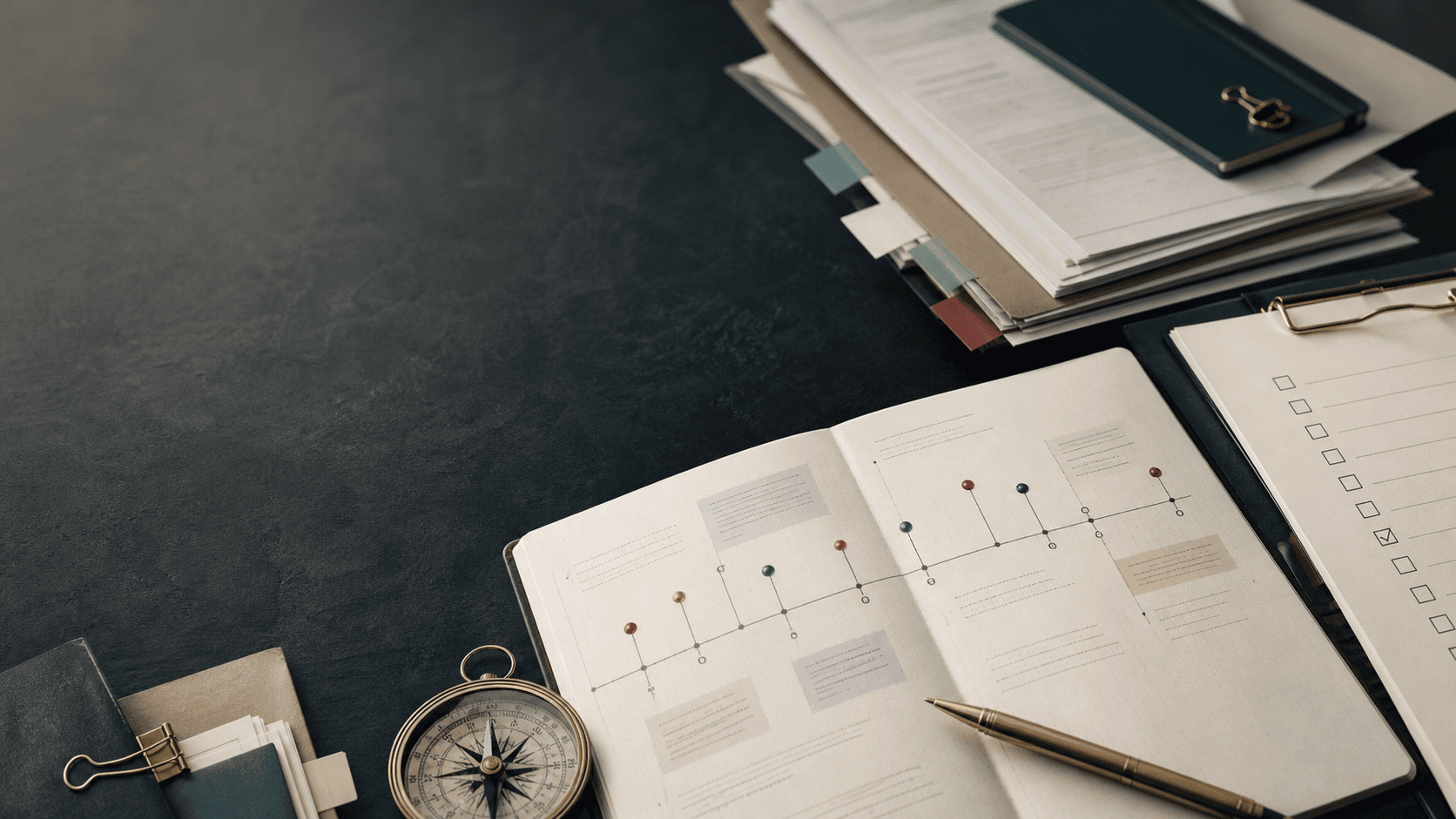 Organized case timeline notes and readiness checklist on a desk